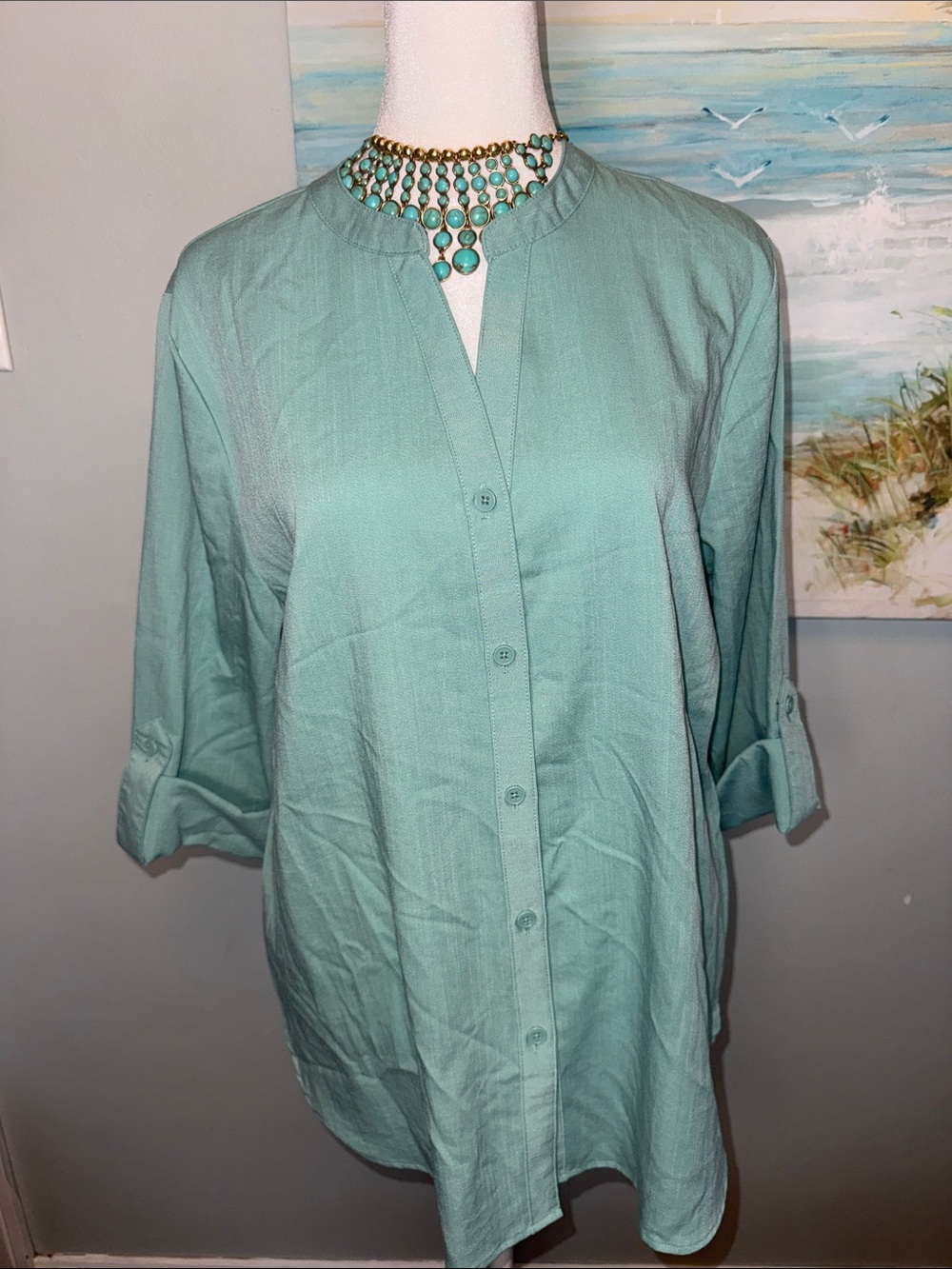 Mario Serrani Seafoam Green Button-Front Tunic Shirt